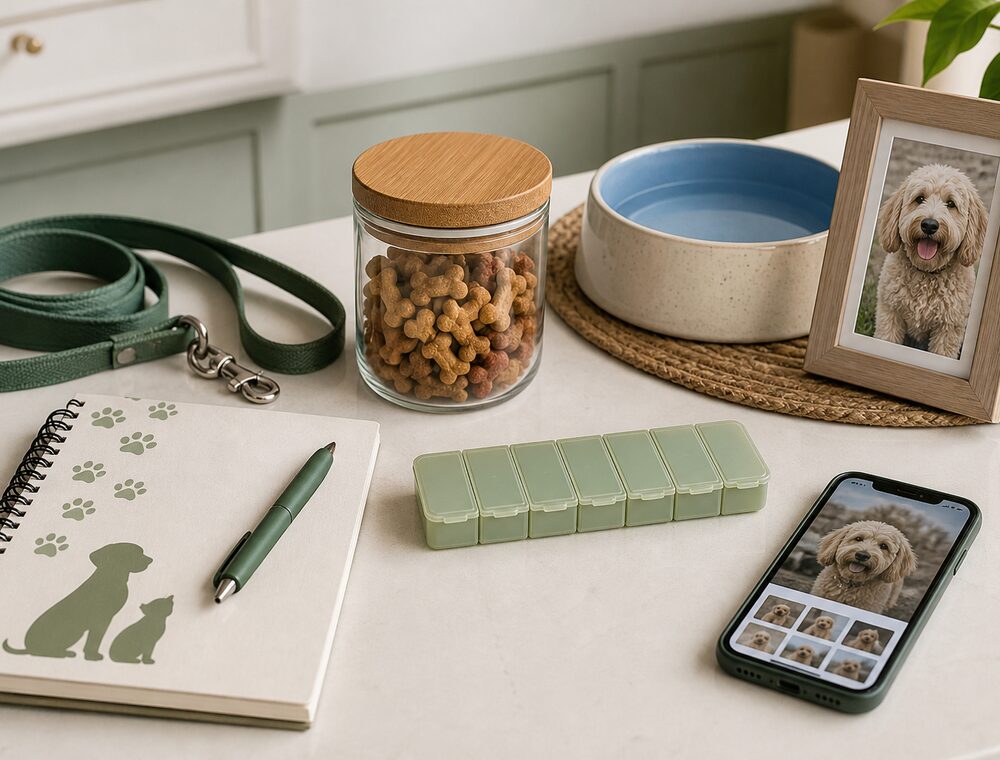 Organized pet care supplies with leash, treats, water bowl, notebook, and photo update phone