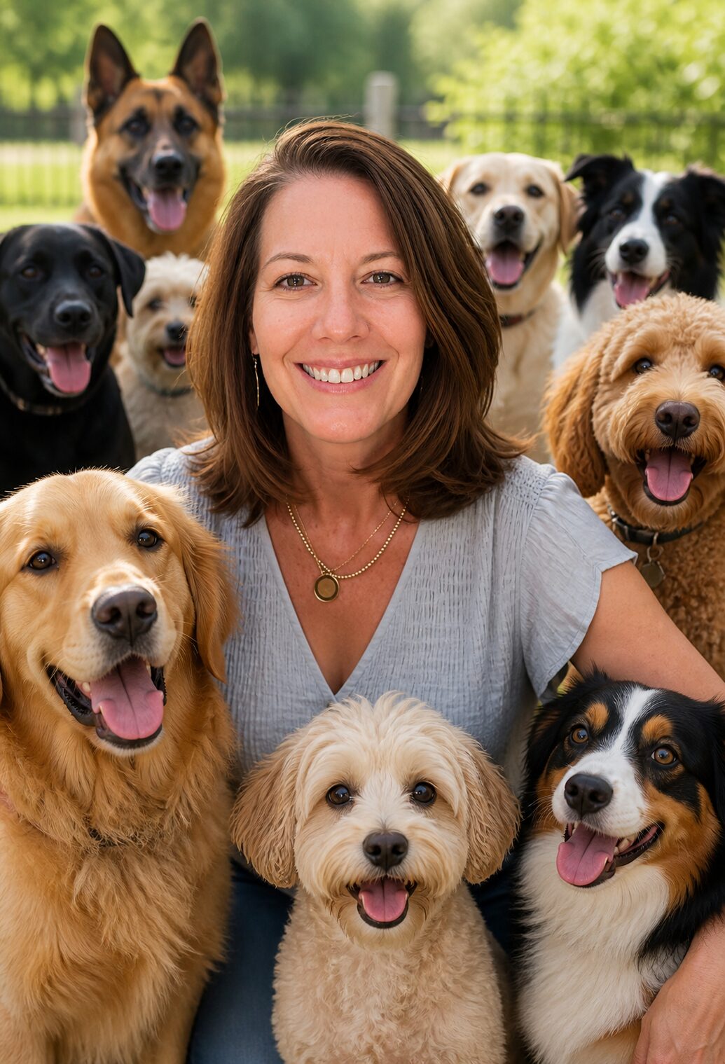 Carol smiling outdoors surrounded by friendly dogs